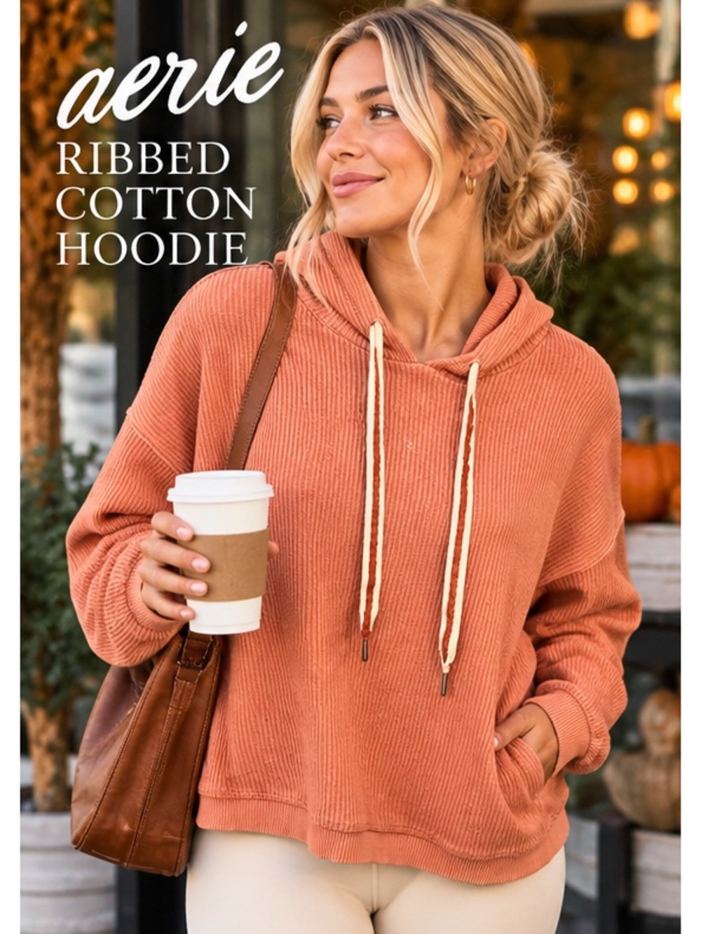 Aerie M Terracotta Ribbed 100% Cotton Oversized Pullover Hoodie